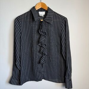 Fred David Women's Vintage Pinstripe Sheer Satin Button Up Blouse Black Medium